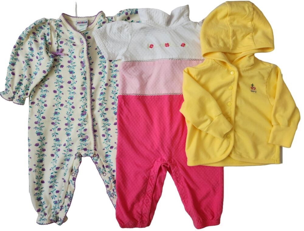 Baby Girl Clothes Lot - 2 Cotton Romper Jumpers & 1 Hooded Cardigan Playwear 12M